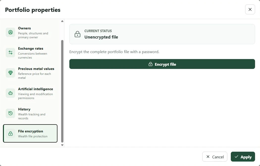 File encryption section in the wealth properties