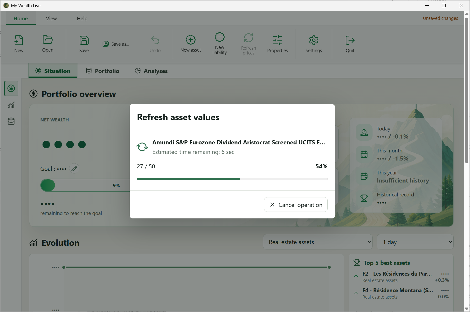 My Wealth Live value refresh dialog