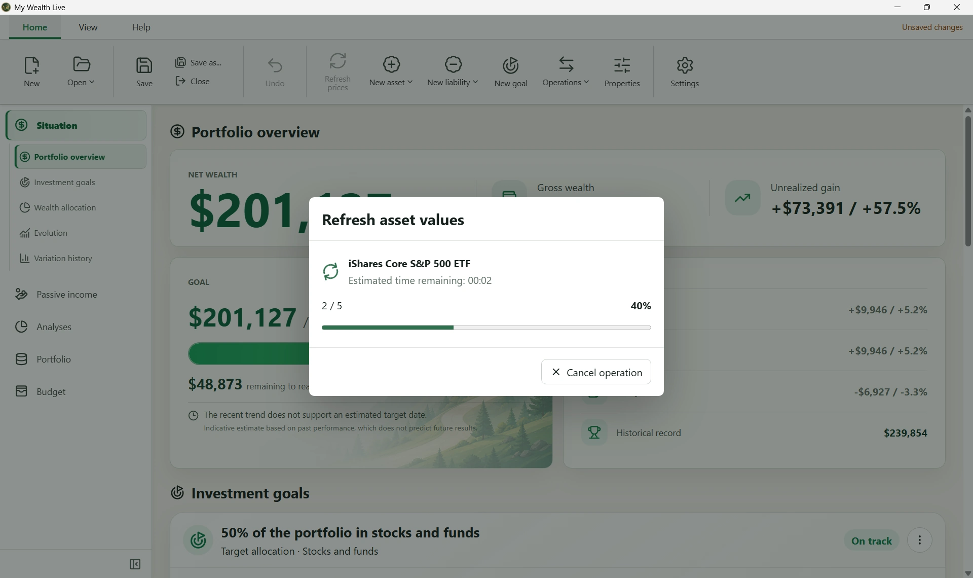 My Wealth Live value refresh dialog