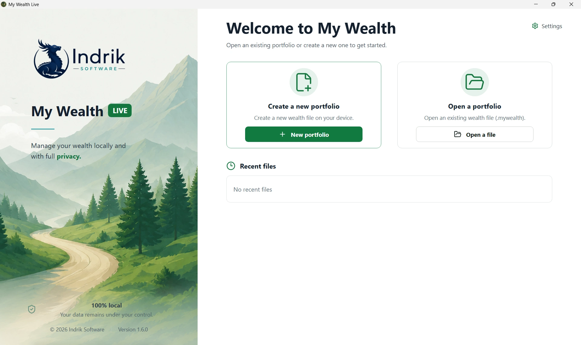 My Wealth Live start page for creating or opening a portfolio