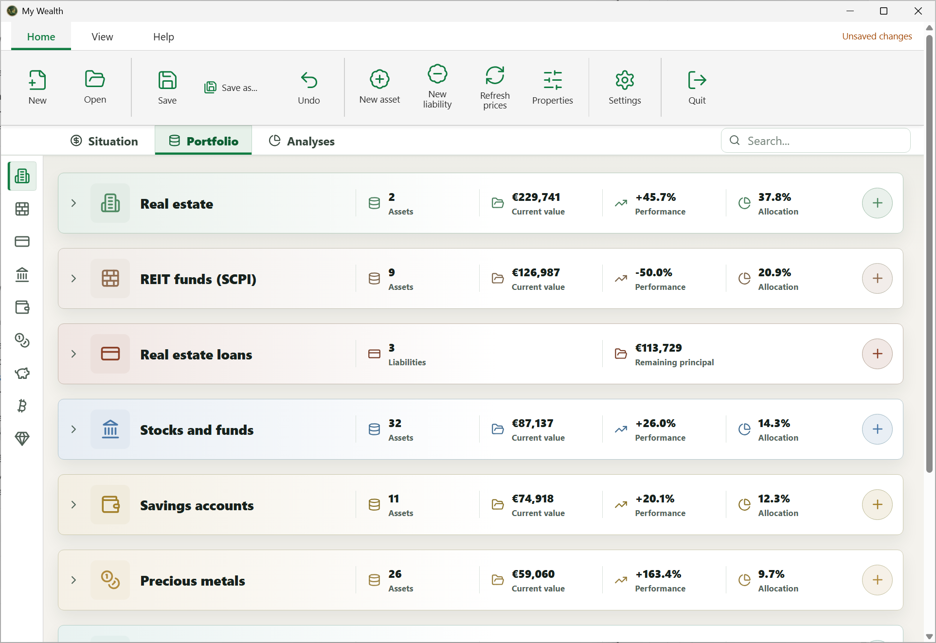 My Wealth portfolio tab with grouped asset families