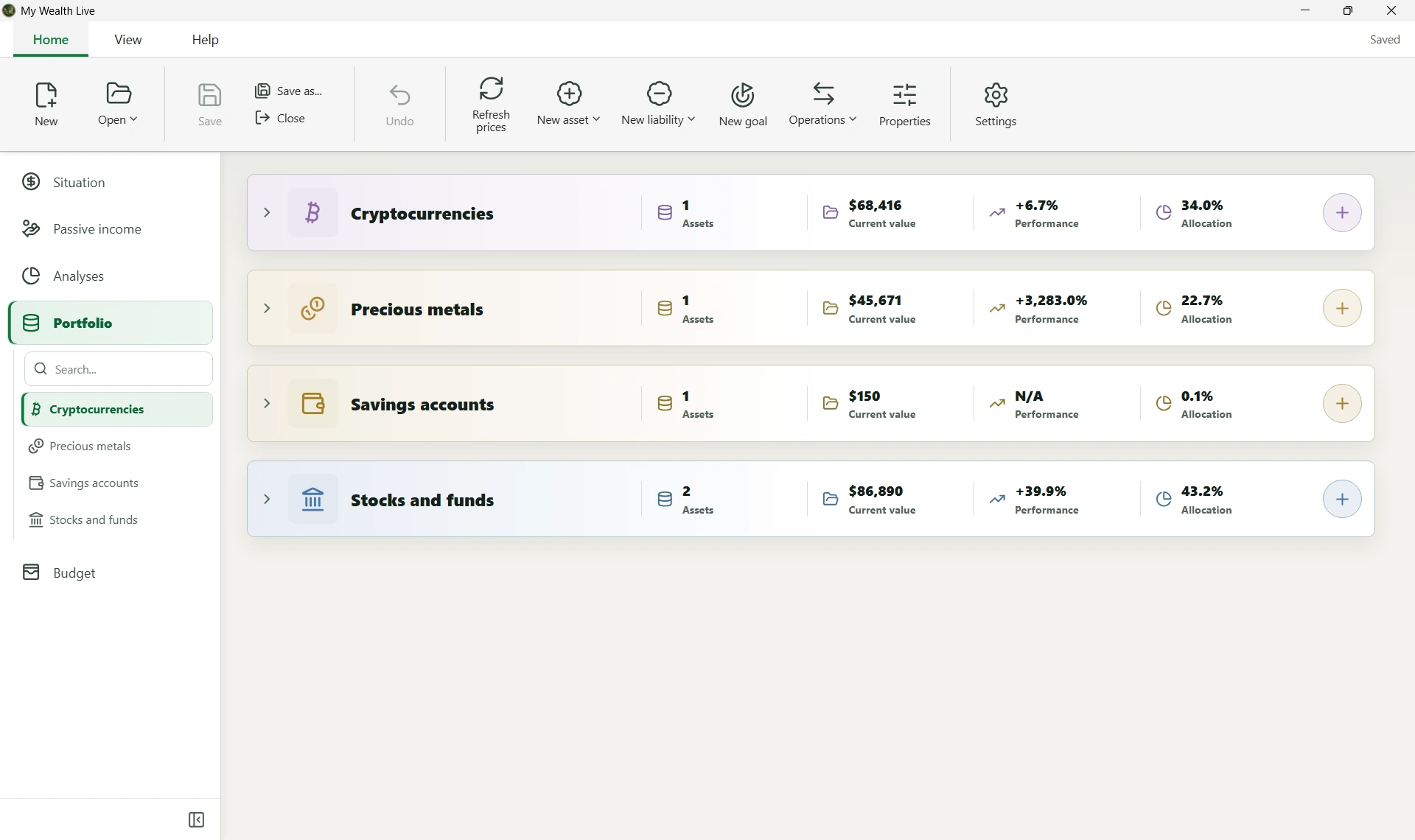 My Wealth Live portfolio grouped by asset family