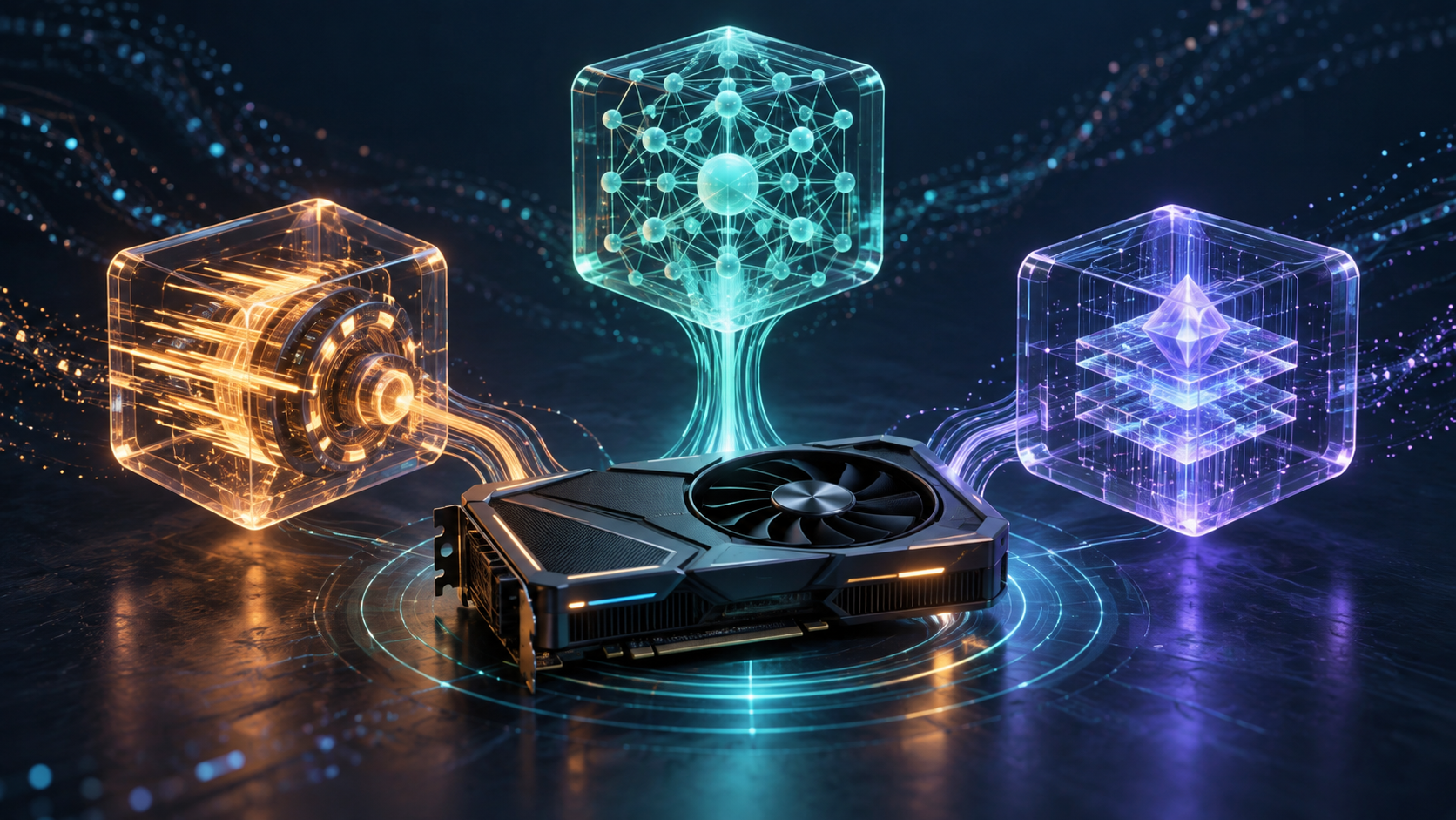 Three local artificial intelligence engines compared around a graphics card